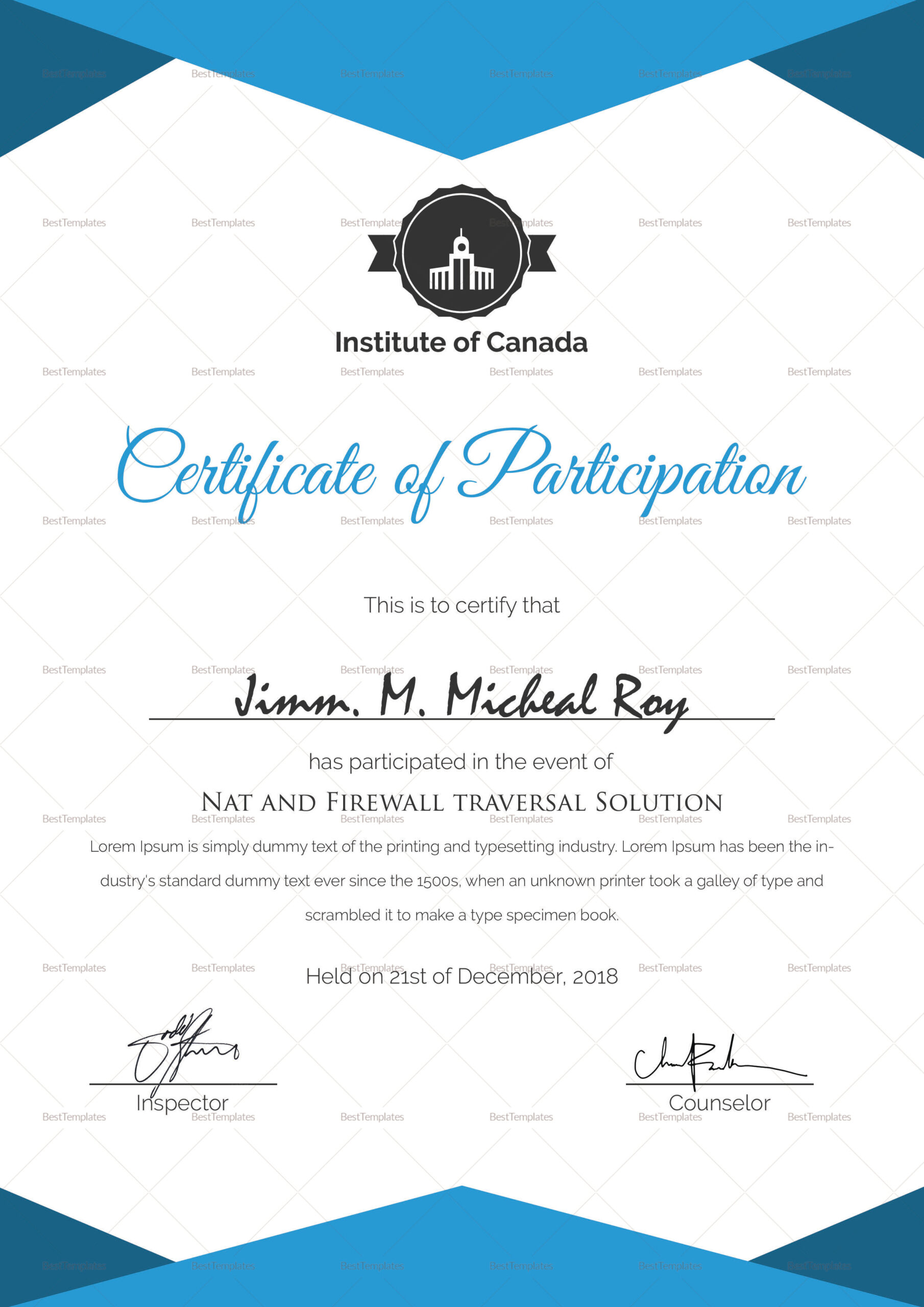 Sample Certificate Of Participation Template In PSD, Word Regarding Certificate Of Participation Word Template