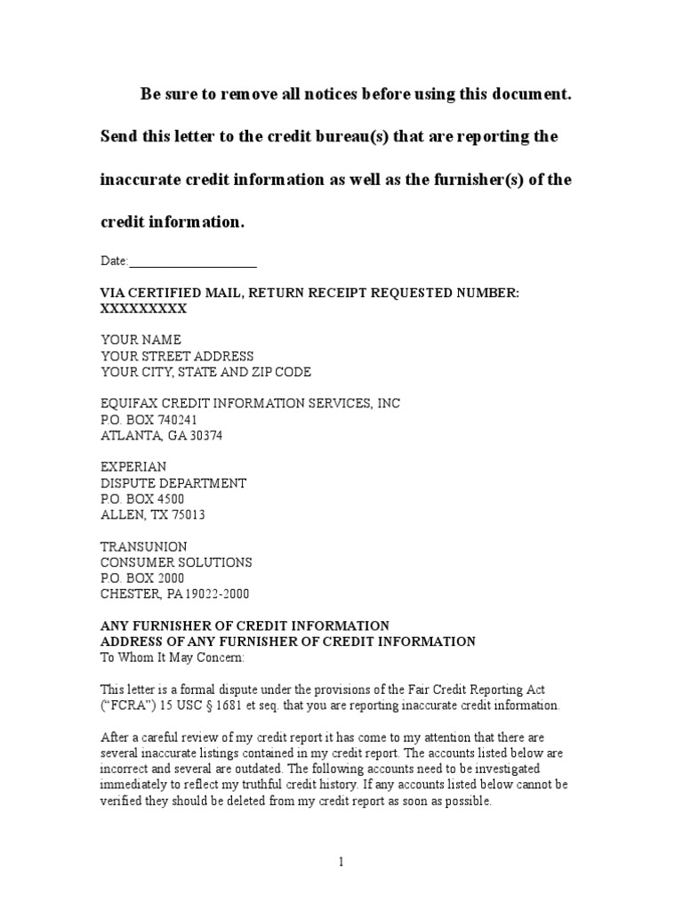 Sample Dispute Letter To Credit Bureau  PDF  Credit History  Credit