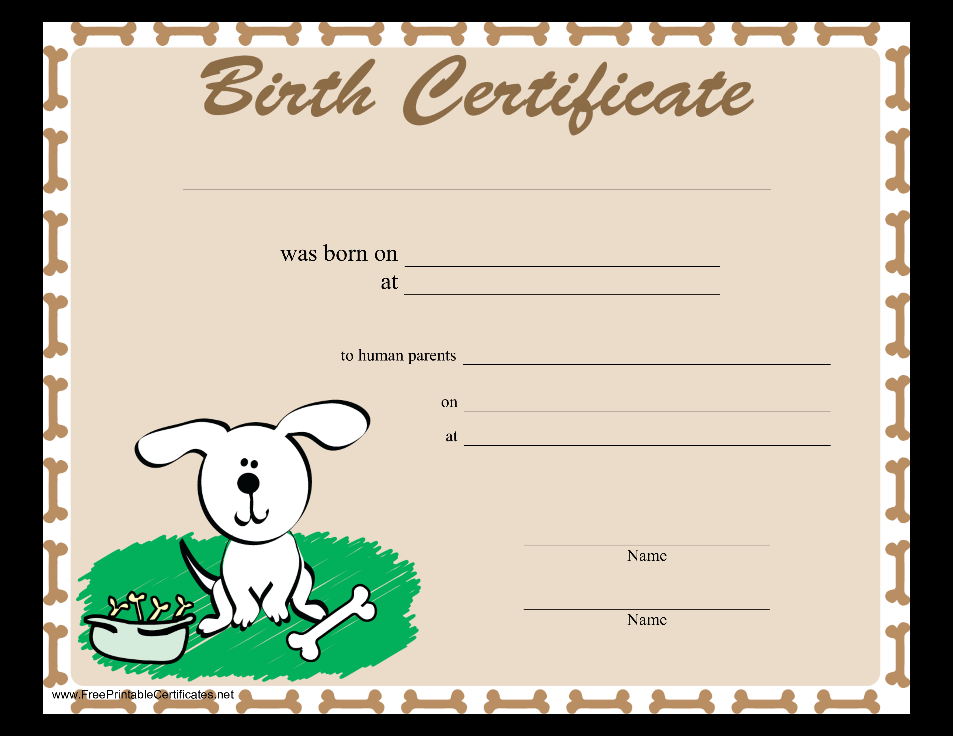 免费Sample Dog Birth Certificate  样本文件在allbusinesstemplates
