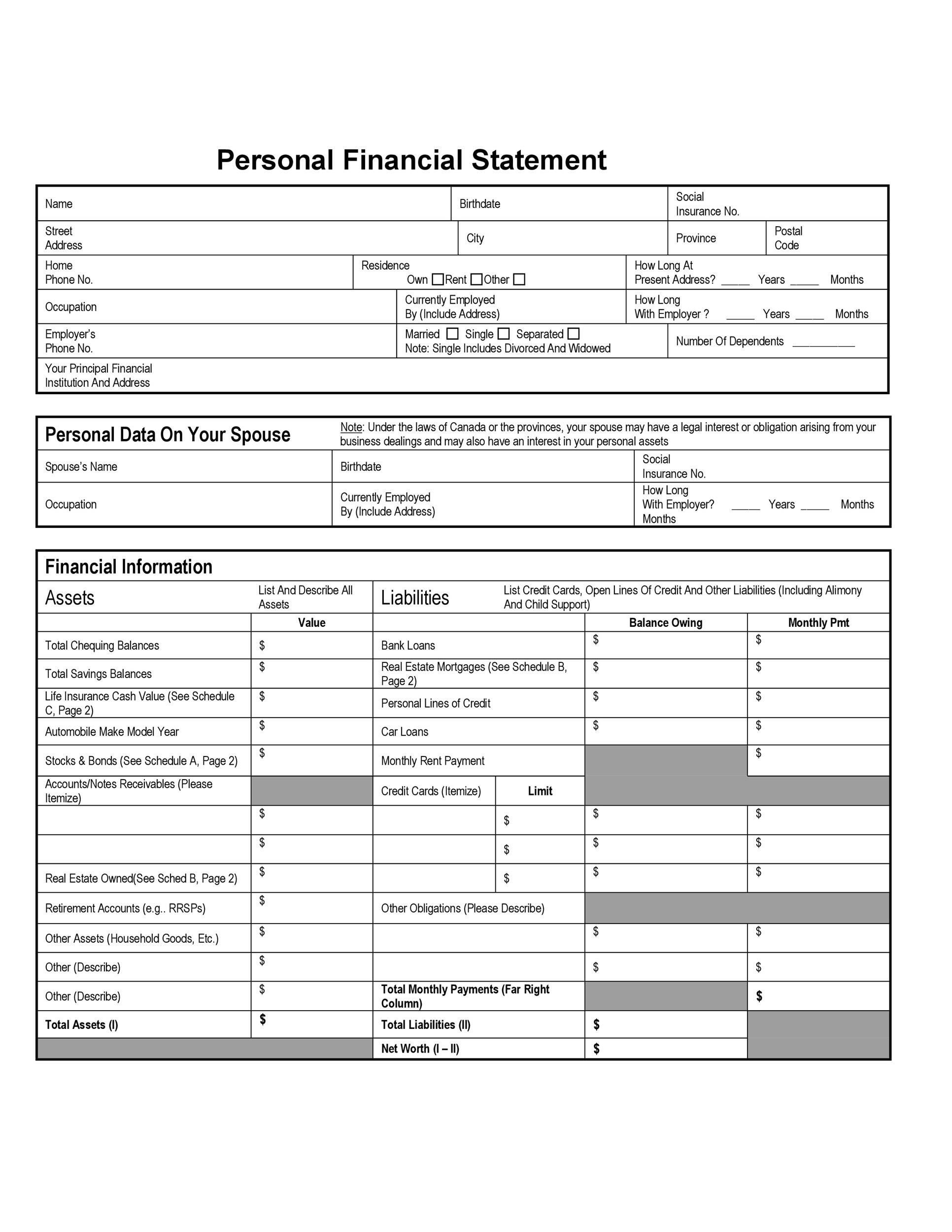 Sample Personal Financial Statement Template Pertaining To Blank Personal Financial Statement Template