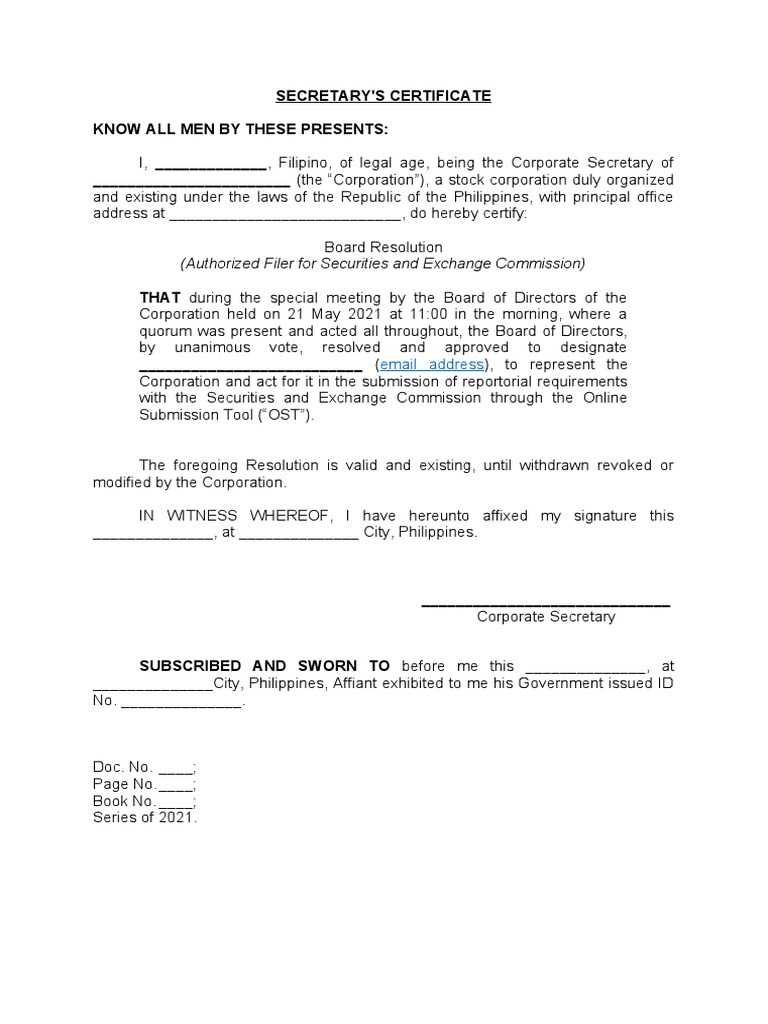 SAMPLE Secretary Certificate - SEC OST Enrollment  PDF With Corporate Secretary Certificate Template