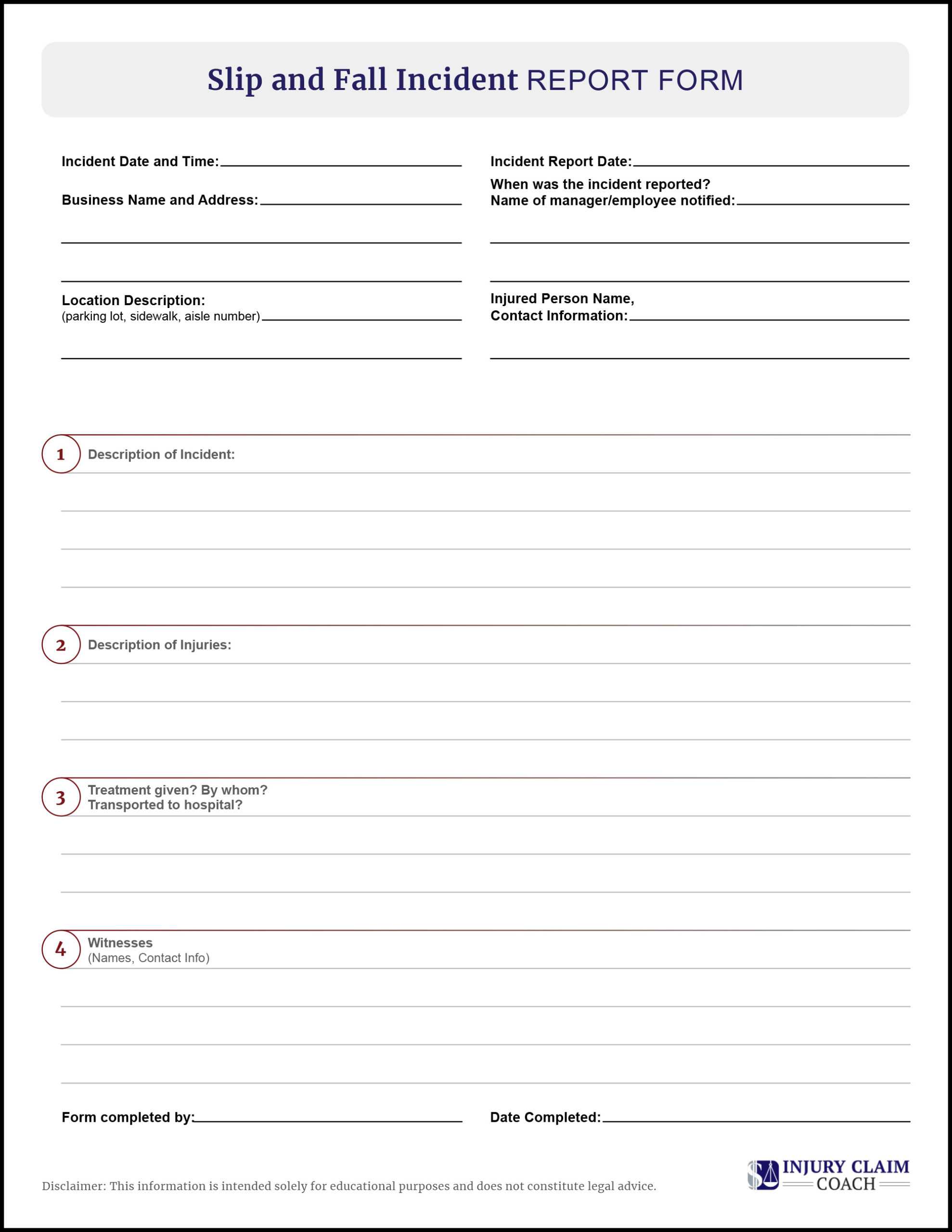 Sample Slip and Fall Incident Report Form - Download PDF