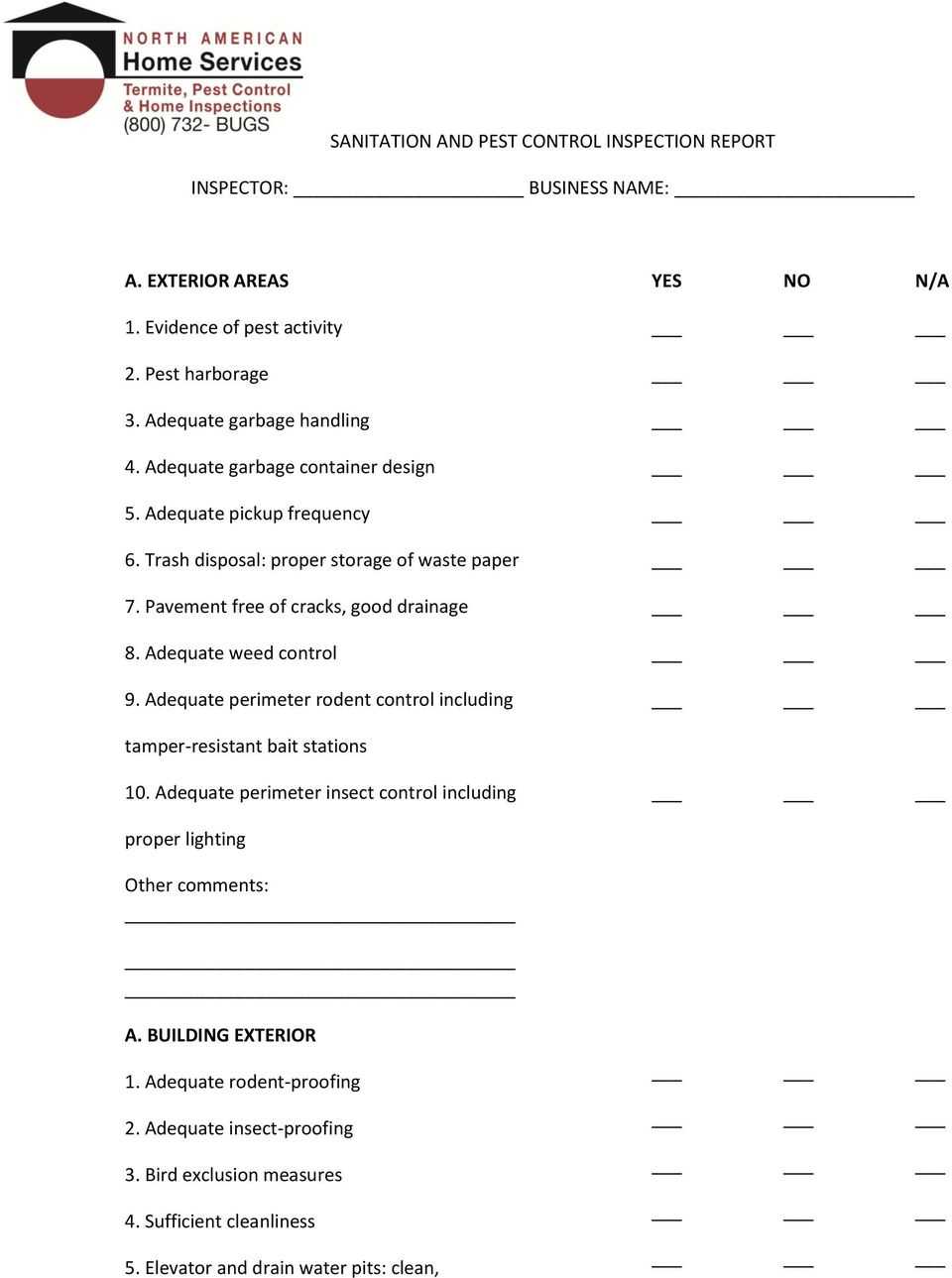 SANITATION AND PEST CONTROL INSPECTION REPORT INSPECTOR: BUSINESS  With Regard To Pest Control Inspection Report Template