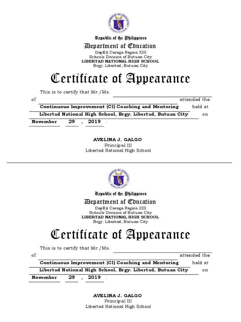 School Certificate of Appearance (DO 10 S