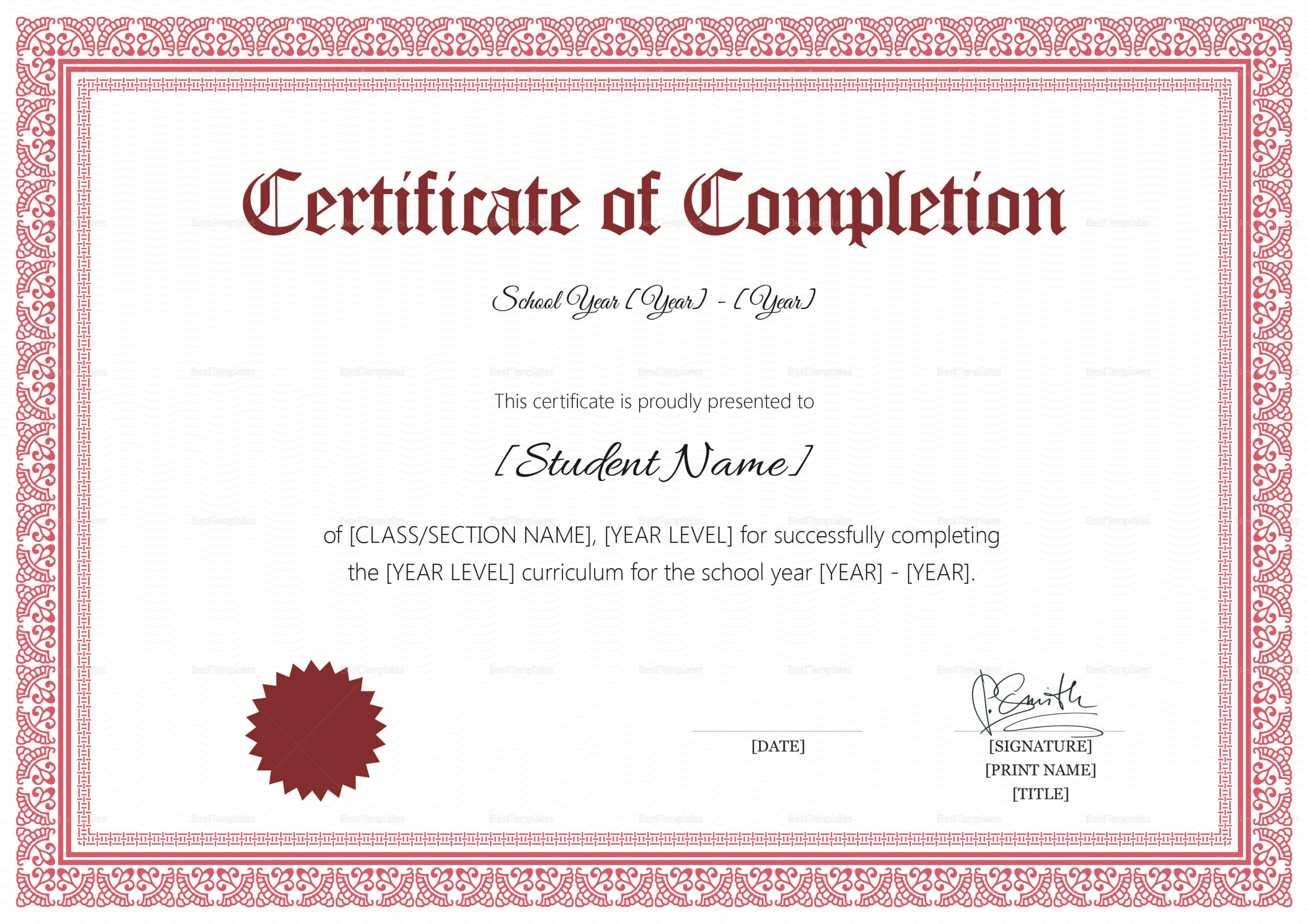 School Completion Certificate Design Template in PSD, Word For Certificate Of Completion Word Template