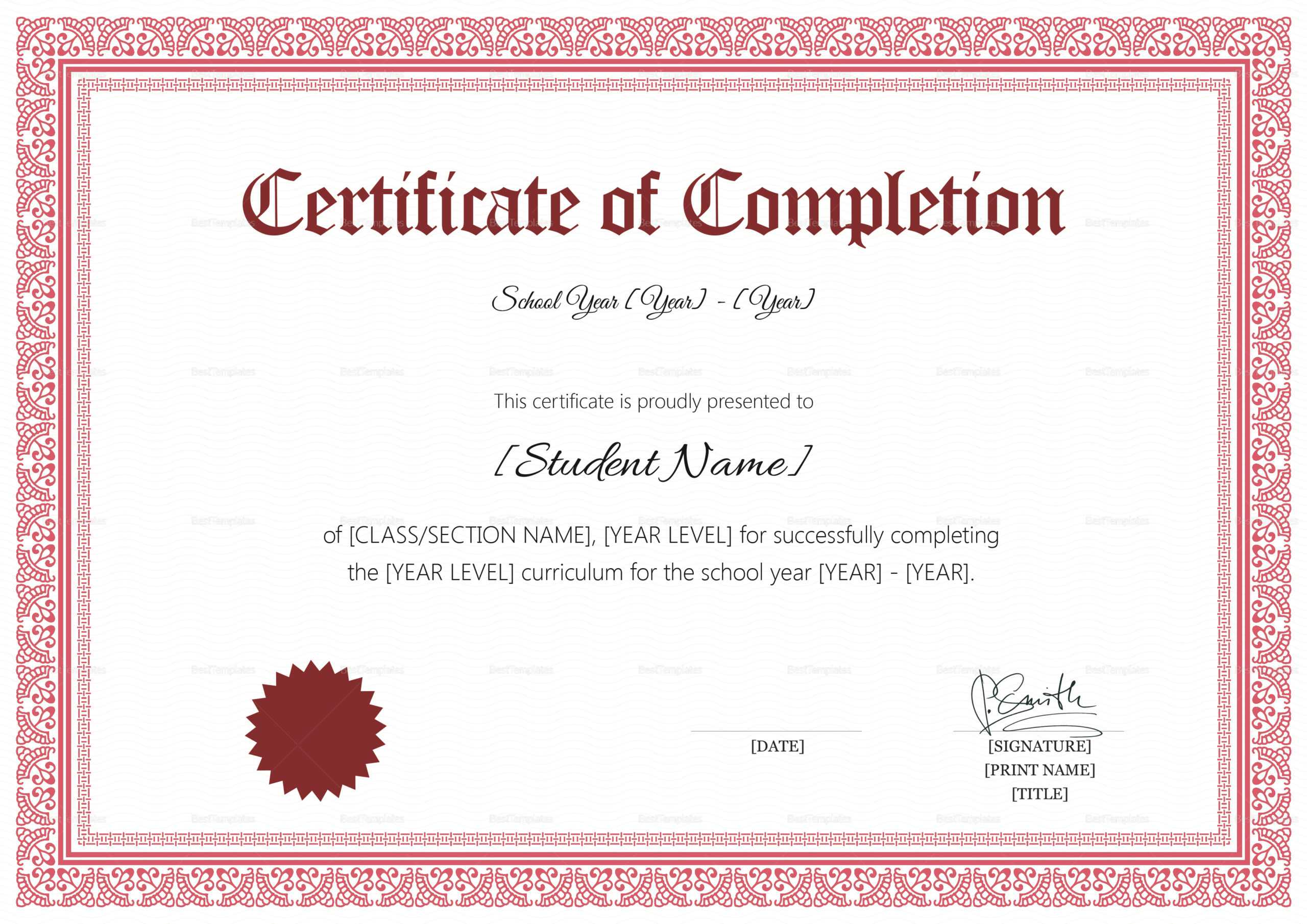 School Completion Certificate Design Template In PSD, Word For Certificate Of Completion Word Template