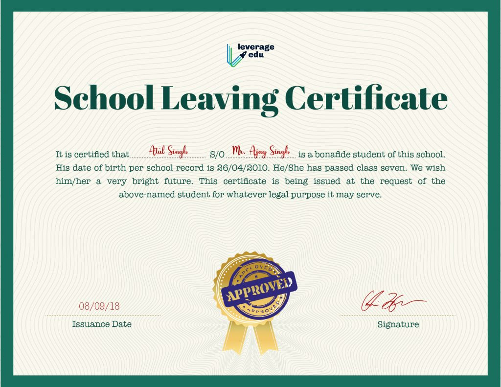 School Leaving Certificate: Format And Sample – Leverage Edu With Regard To School Leaving Certificate Template