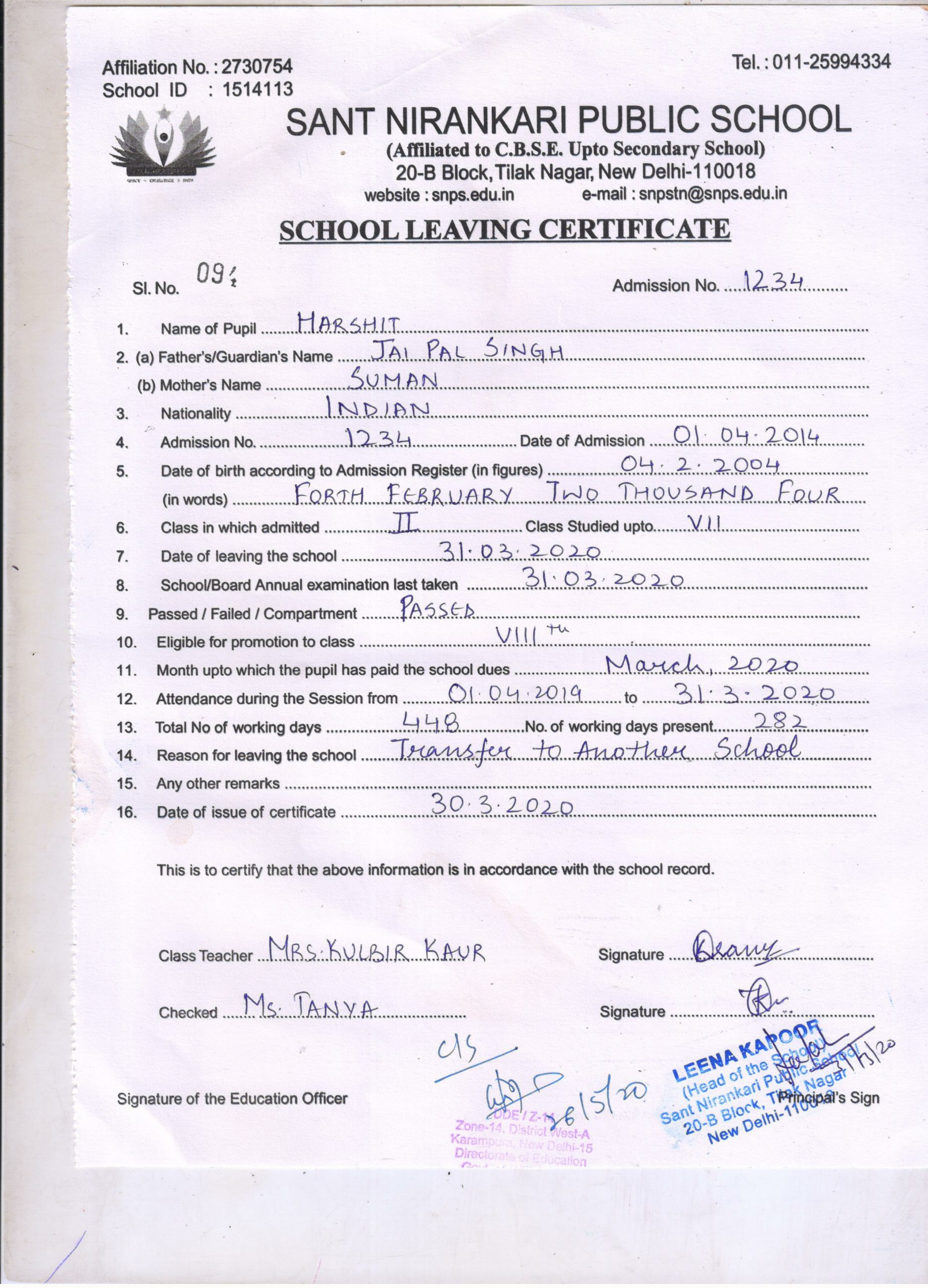 School Leaving Certificate  Tilak Nagar - Sant Nirankari Public