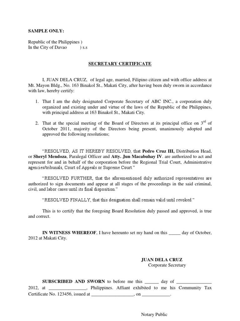 Secretary Certificate Sample  PDF  Separation Of Powers  Government Pertaining To Corporate Secretary Certificate Template