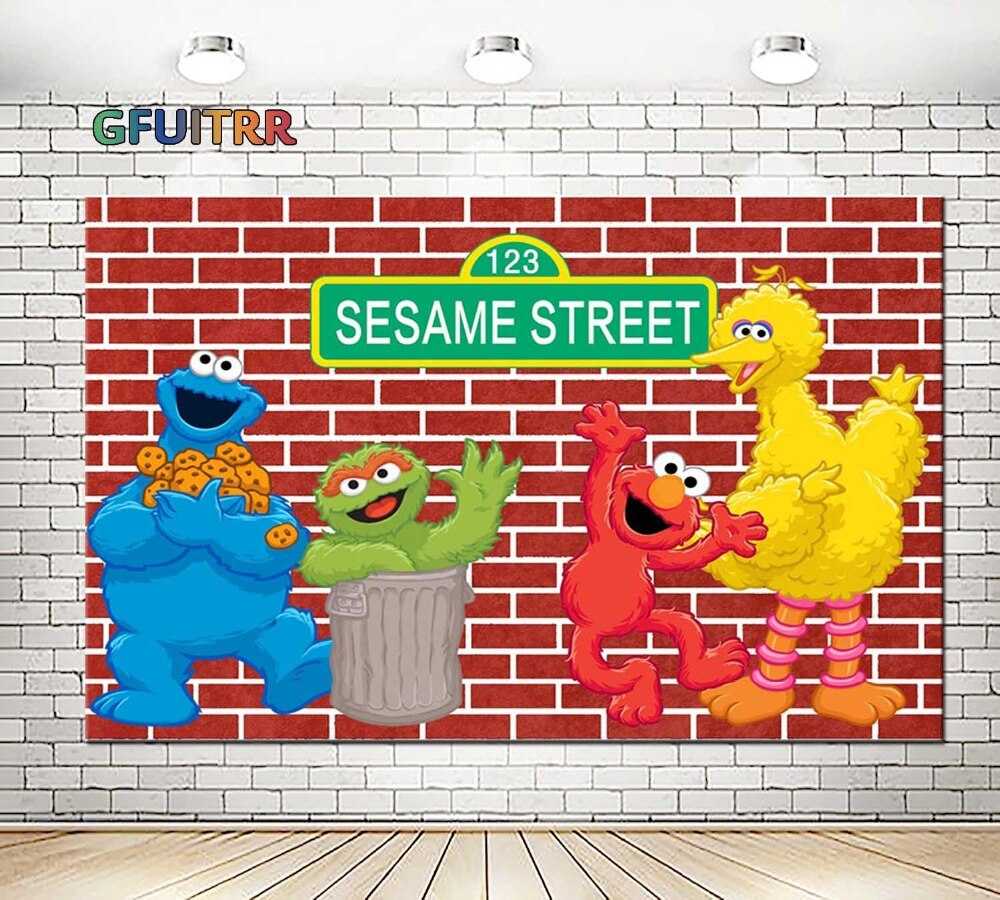 Sesam Straße Fotografie Hintergrund Kinder Geburtstag Party Foto  Hintergrund Elmo Welt Steine Rote Wand Vinyl Photo Booth Requisiten