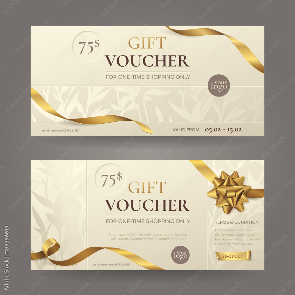 Set of stylish gift voucher with golden ribbons, a bow and floral  In Elegant Gift Certificate Template
