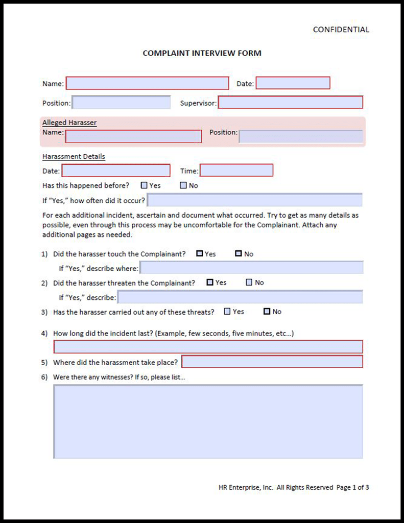 Sexual Harassment Complaint Form – HR Enterprise Within Sexual Harassment Investigation Report Template