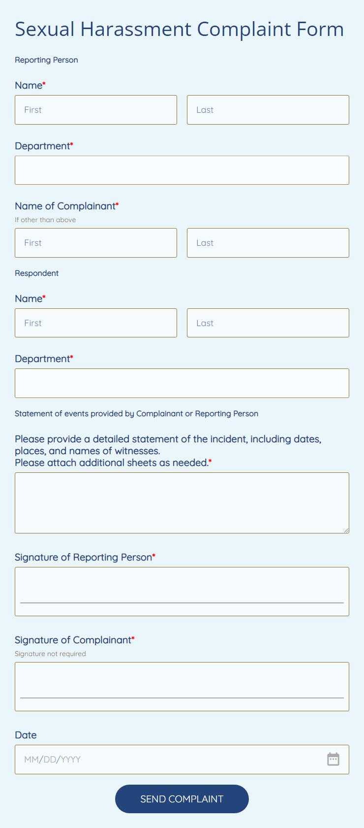 Sexual Harassment Complaint Form Template  10 Form Builder Within Sexual Harassment Investigation Report Template