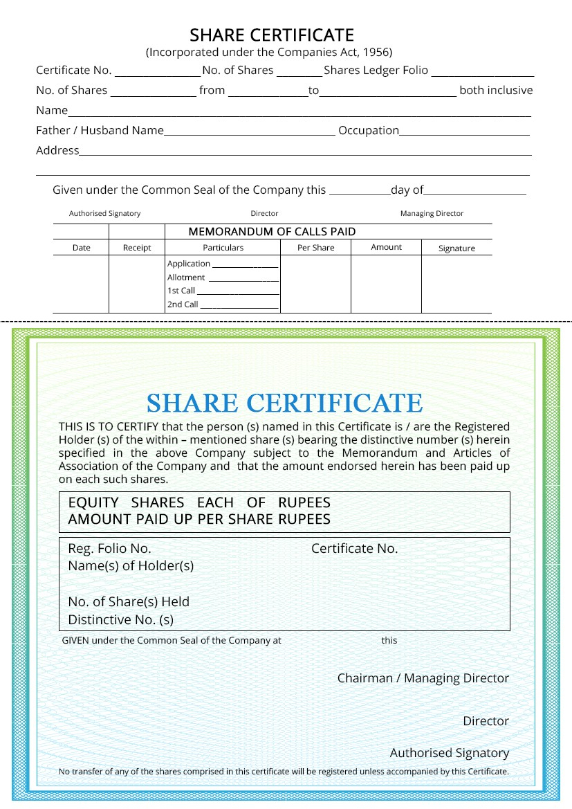 Share Certificate - IndiaFilings With Share Certificate Template Pdf