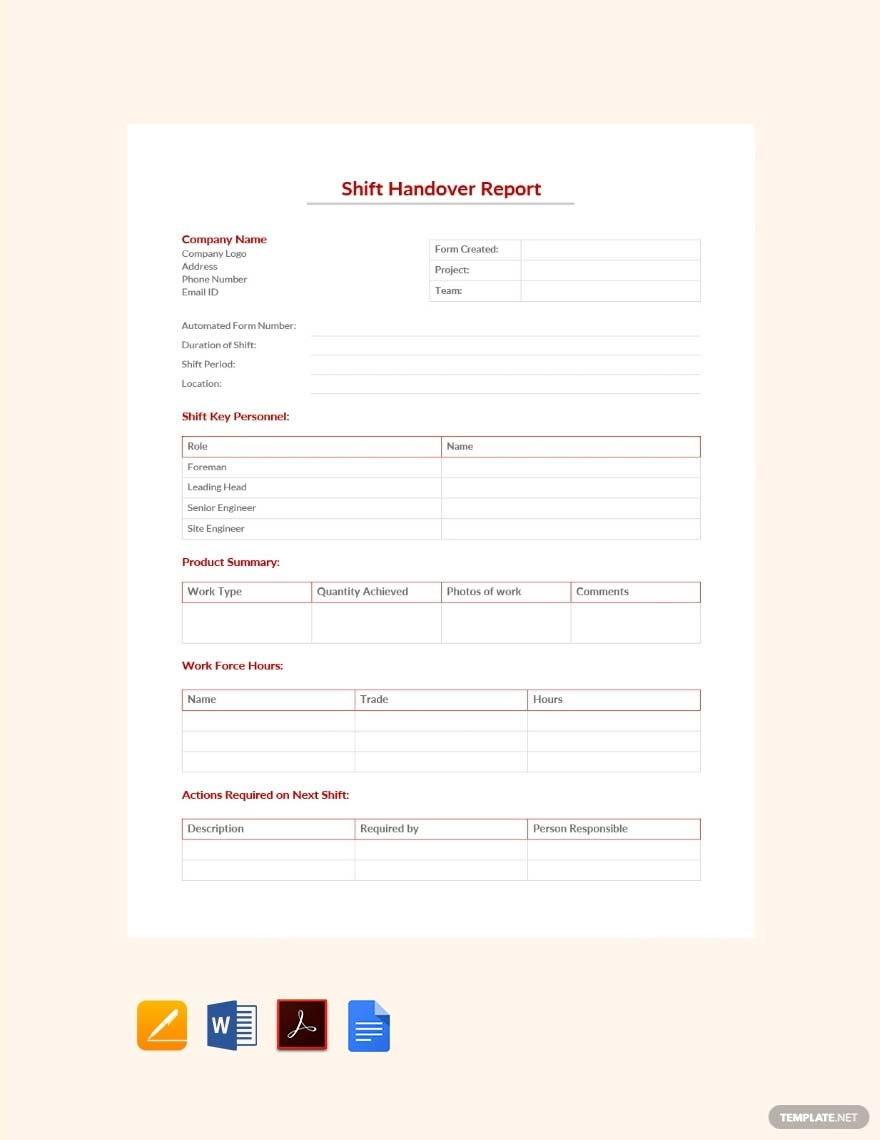 Shift Handover Report Template - Adobe XD, Google Docs, Word  With Regard To Shift Report Template