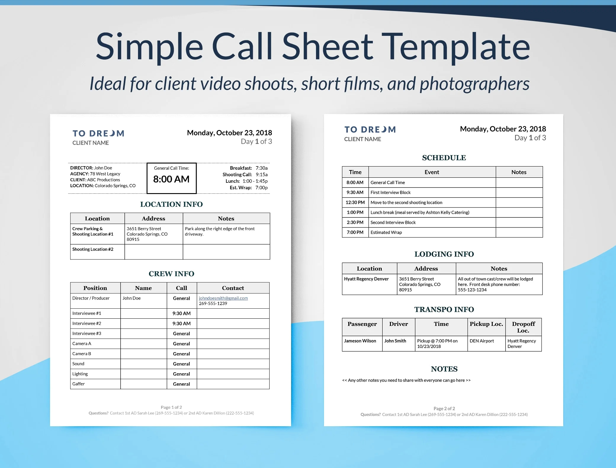 Simple Call Sheet Template - SetHero Pertaining To Blank Call Sheet Template