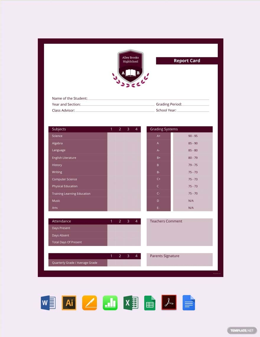 Simple High School Report Card Template – Illustrator, Excel, Word  Intended For High School Report Card Template