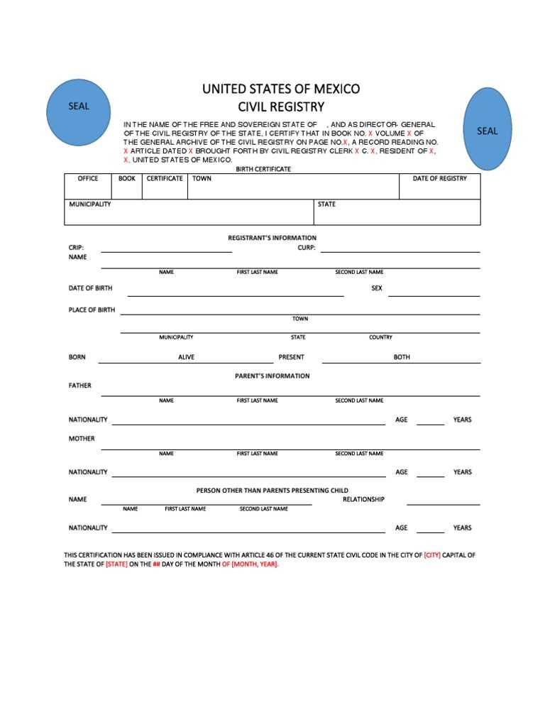 Sinaloa, Mexico Birth Certificate  PDF With Mexican Marriage Certificate Translation Template