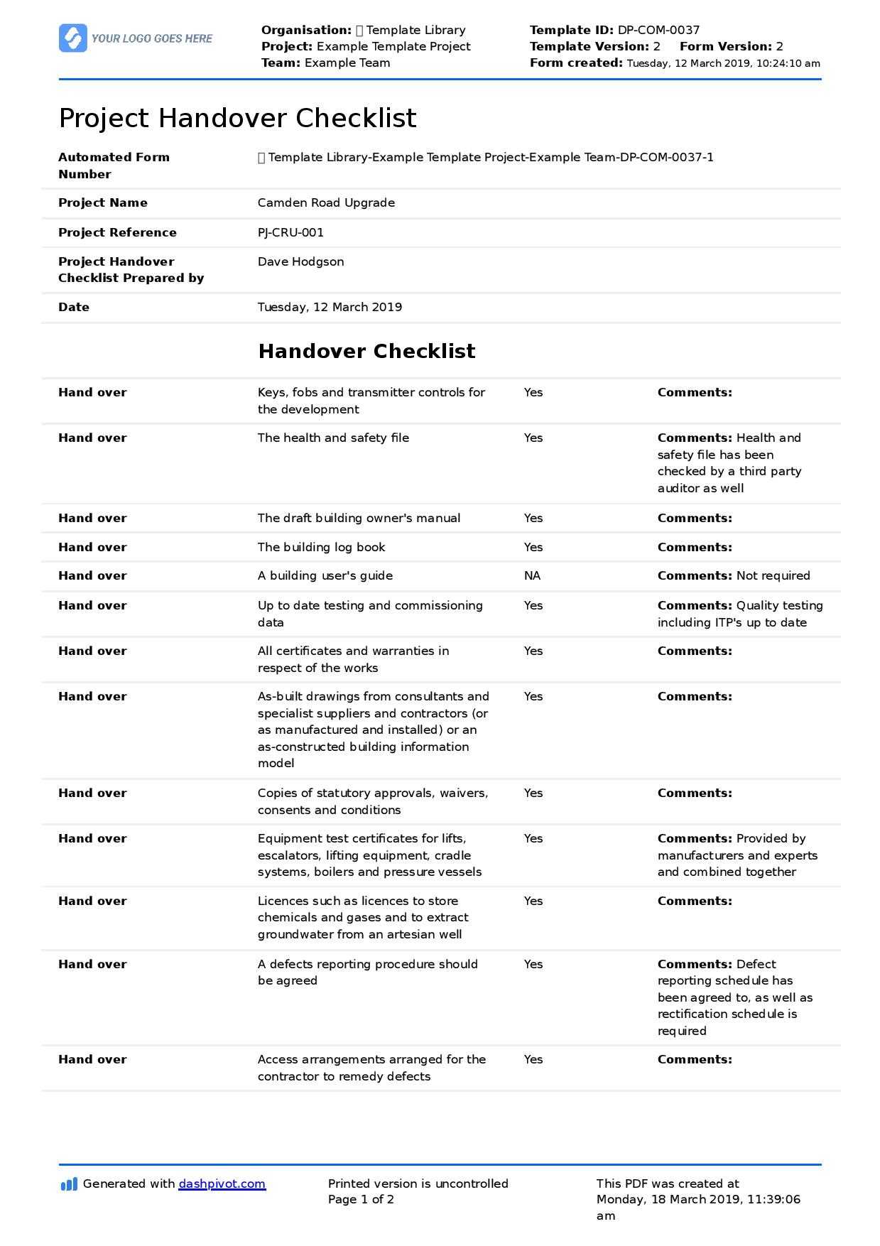 Site handover letter: Handover letter to client or contractor template For Handover Certificate Template