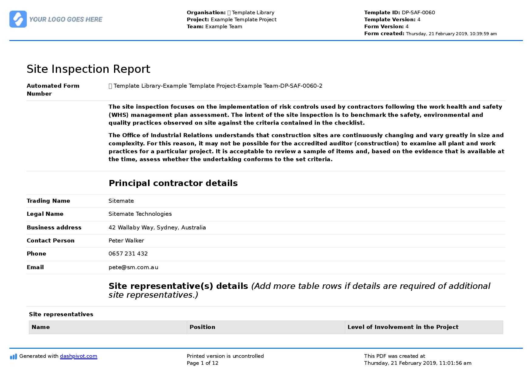 Site Inspection Report: Free Template, Sample And A Proven Format Pertaining To Site Visit Report Template