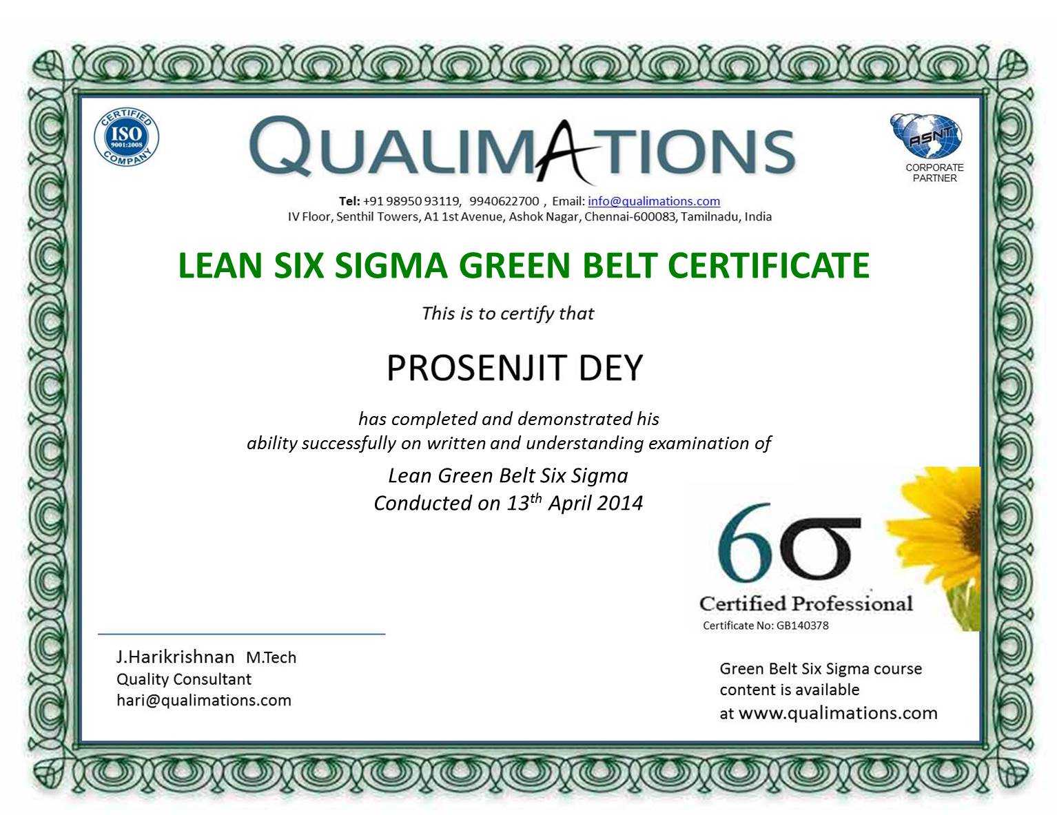 Six Sigma,green Belt,black Belt,training,certification,qa,qc  Within Green Belt Certificate Template