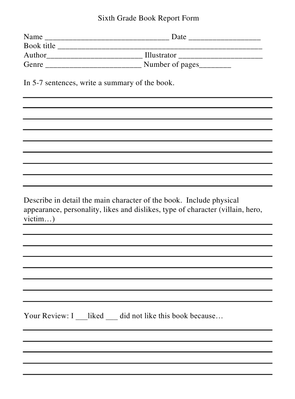 Sixth Grade Book Report Form Download Printable PDF  Templateroller Throughout 6Th Grade Book Report Template
