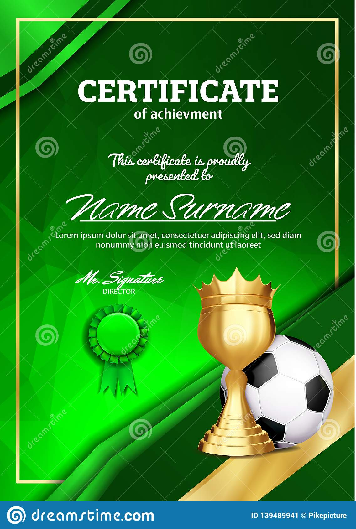 Soccer Certificate Diploma with Golden Cup Vector. Football