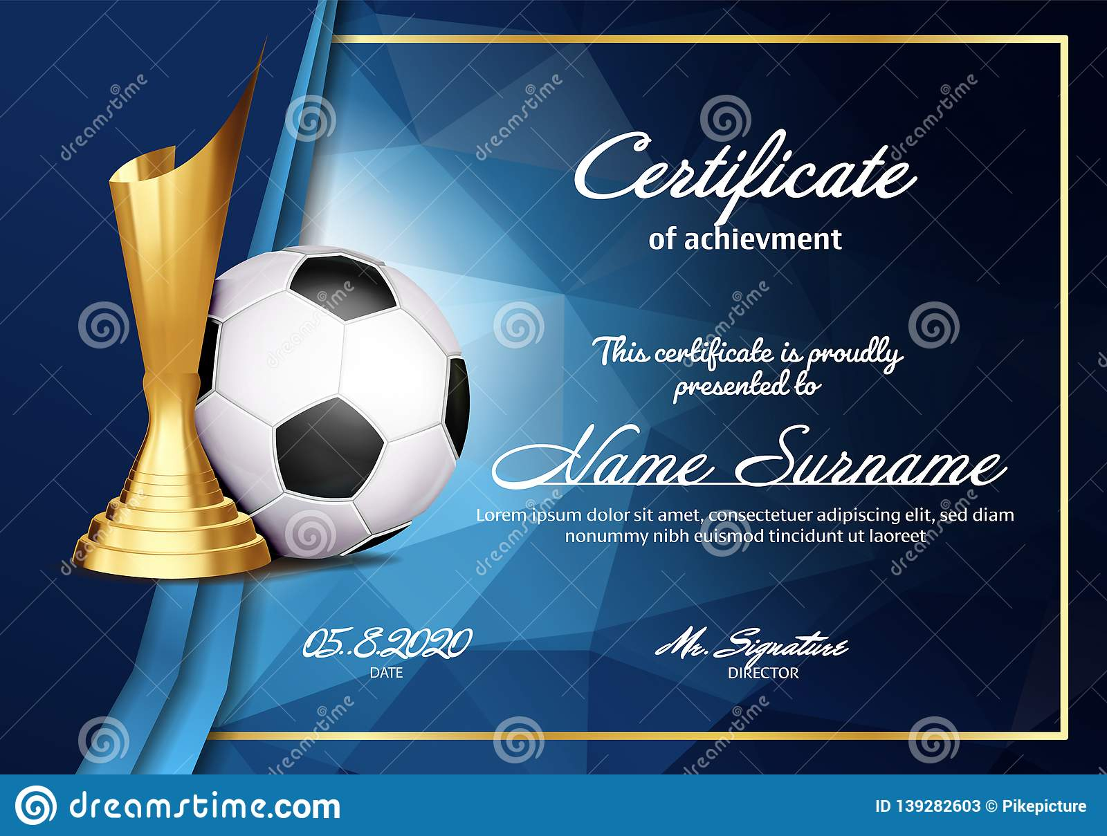 Soccer Certificate Diploma With Golden Cup Vector