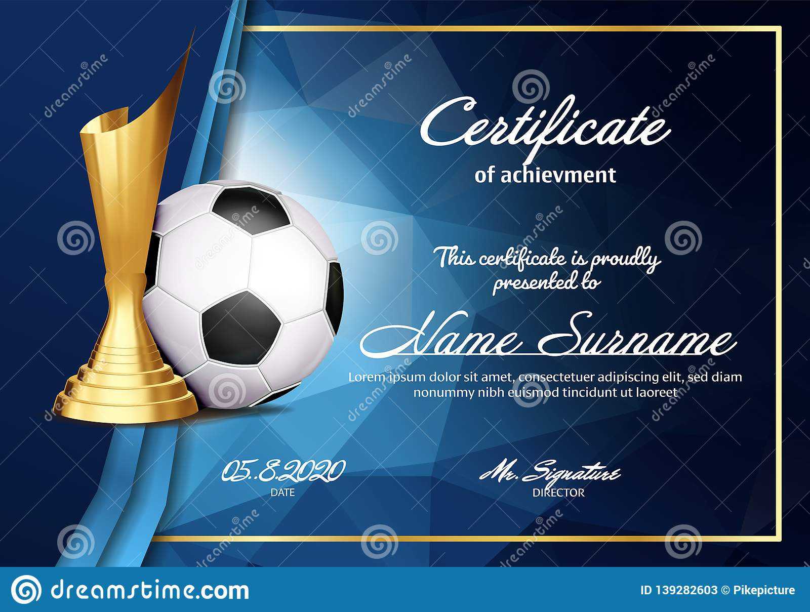 Soccer Certificate Diploma with Golden Cup Vector