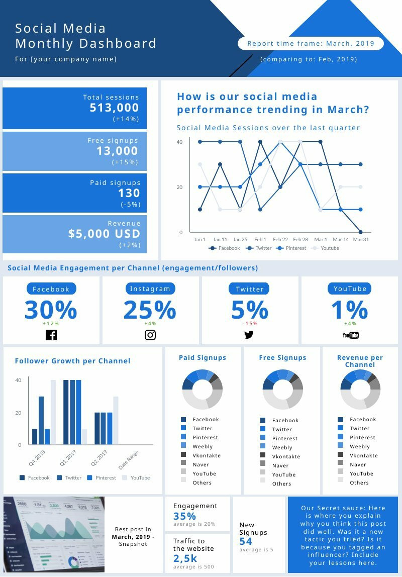 Social Media Monthly Dashboard  Free report template - Piktochart Inside Free Social Media Report Template