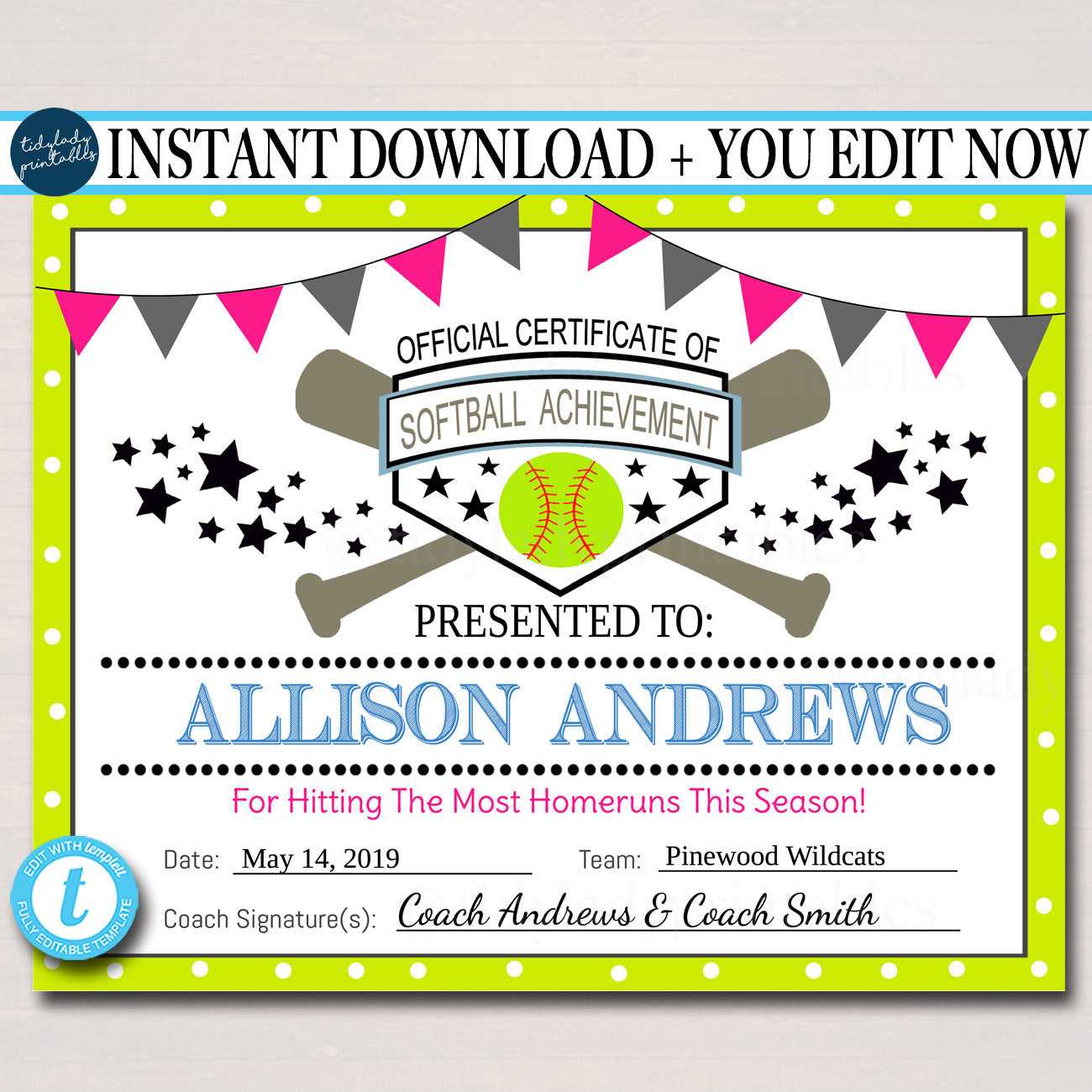 Softball Certificates Softball Award, Printable Girls Softball Team  Participation Awards, Sports Acheivement Inside Free Softball Certificate Templates