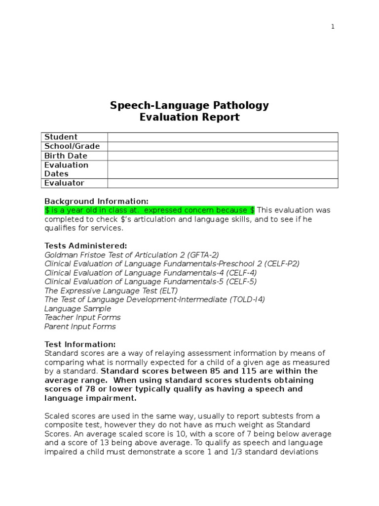 Speech-Language Pathology Evaluation Report  PDF  Word  Vocabulary Throughout Speech And Language Report Template