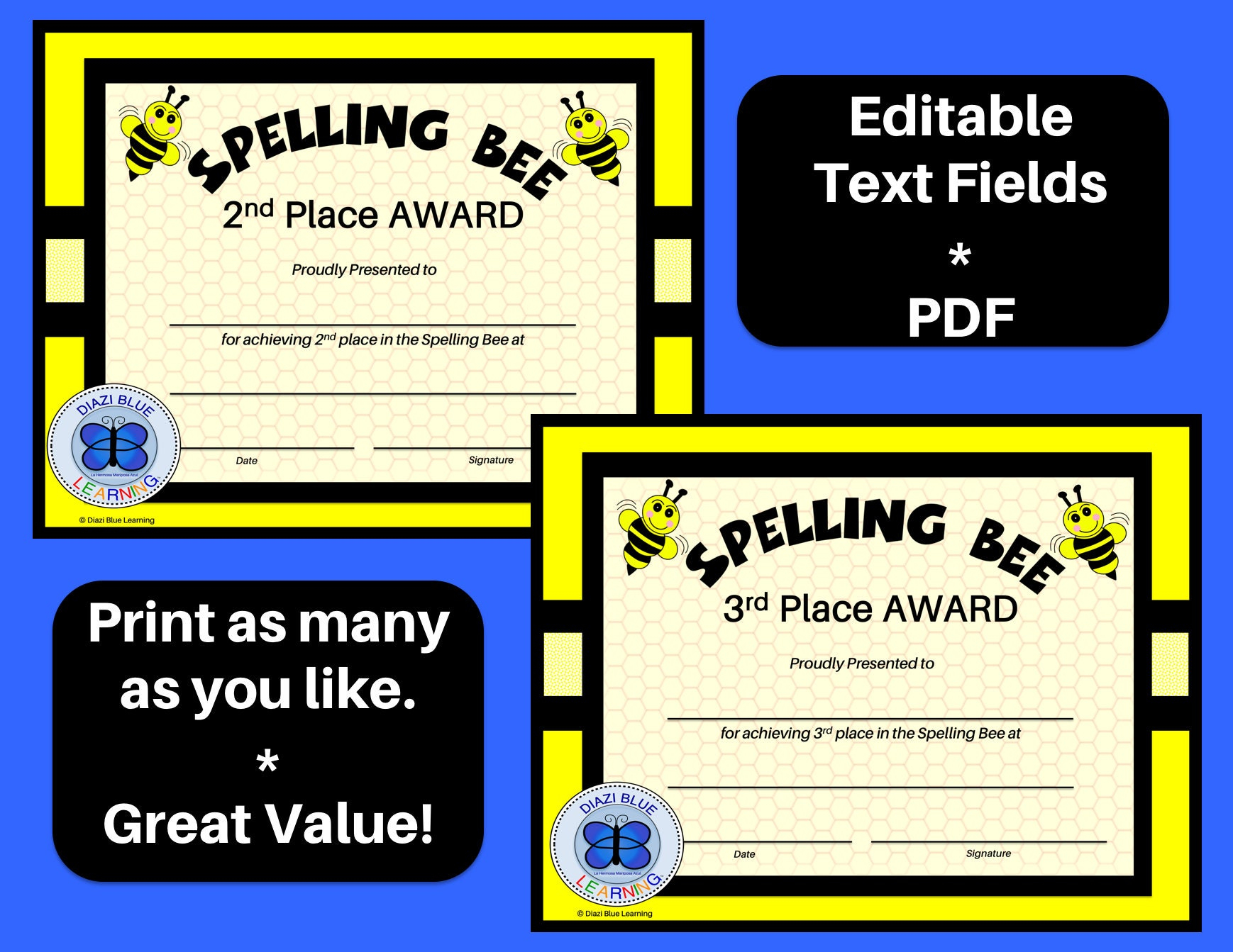 Spelling Bee Award Certificates Spelling Bee Certificates - Etsy