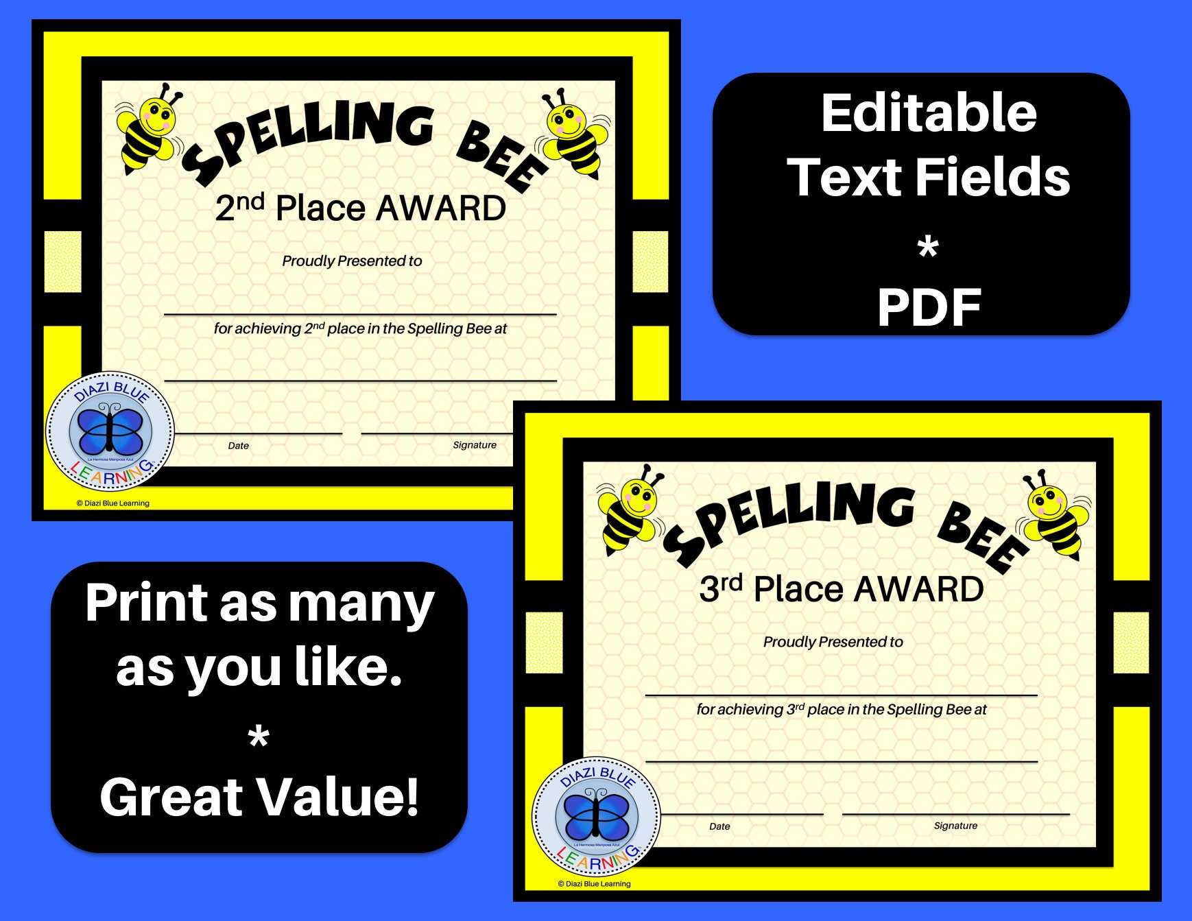 Spelling Bee Award Certificates Spelling Bee Certificates – Etsy