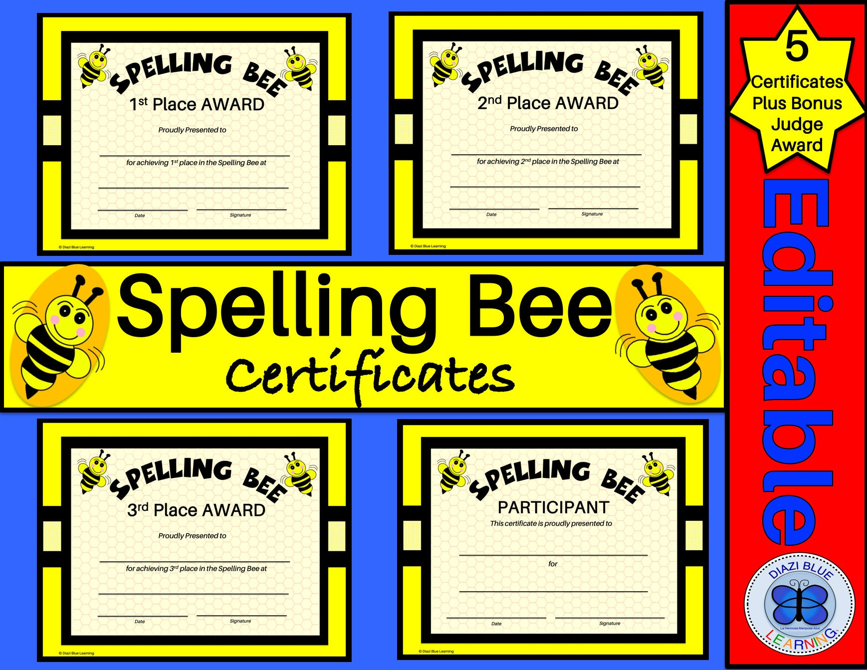 Spelling Bee Award Certificates Spelling Bee Certificates - Etsy