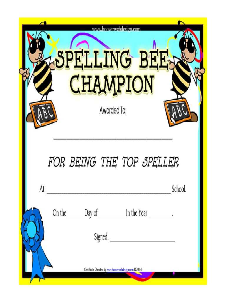 Spelling Bee Award Champion Certificate PDF  PDF For Spelling Bee Award Certificate Template