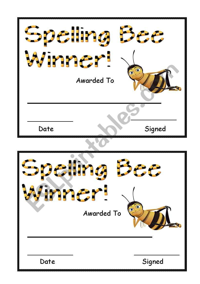 Spelling Bee Award – ESL Worksheet By Sara10 With Spelling Bee Award Certificate Template