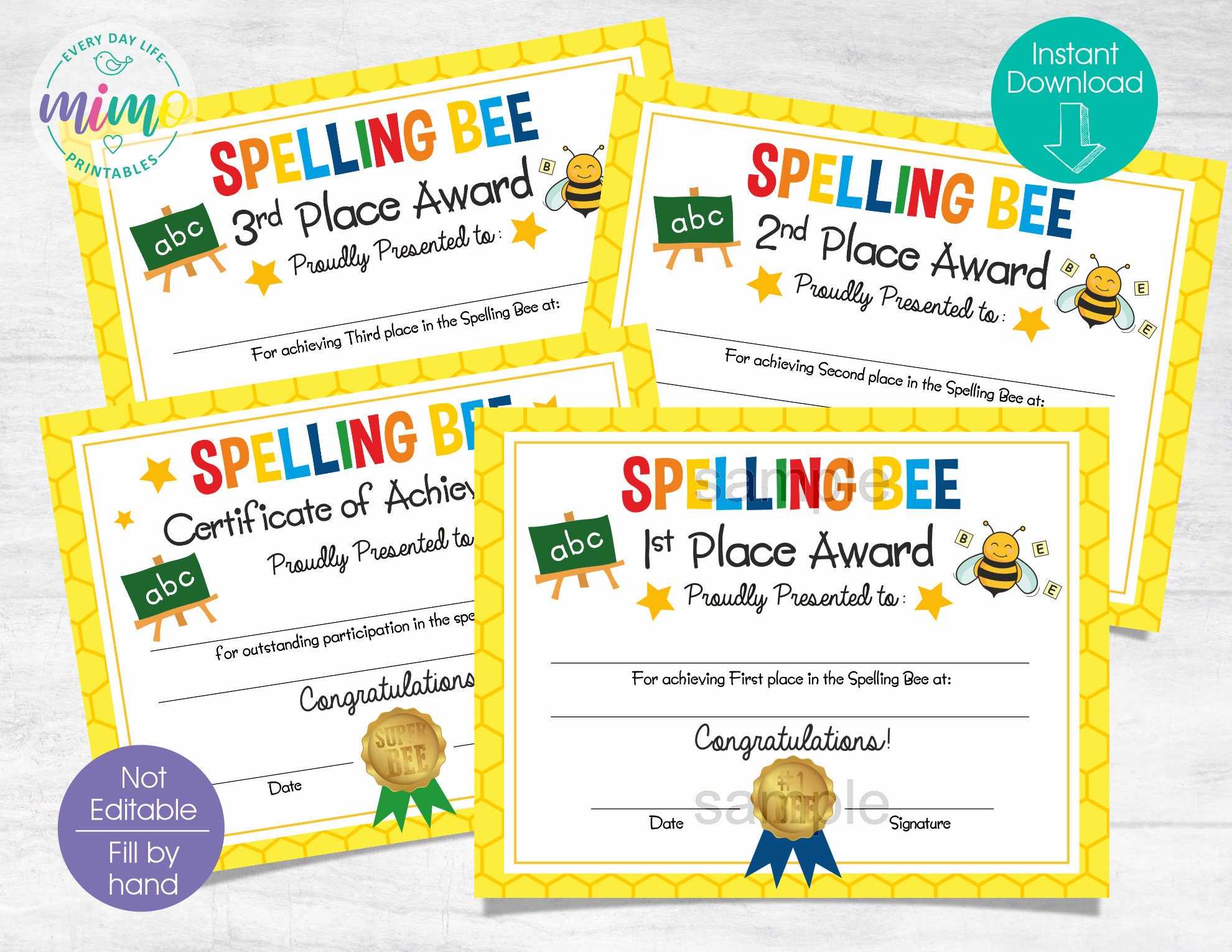 Spelling BEE Certificates, First, Second, Third Place & Achievement, with  blank line to fill by hand, Instant download files