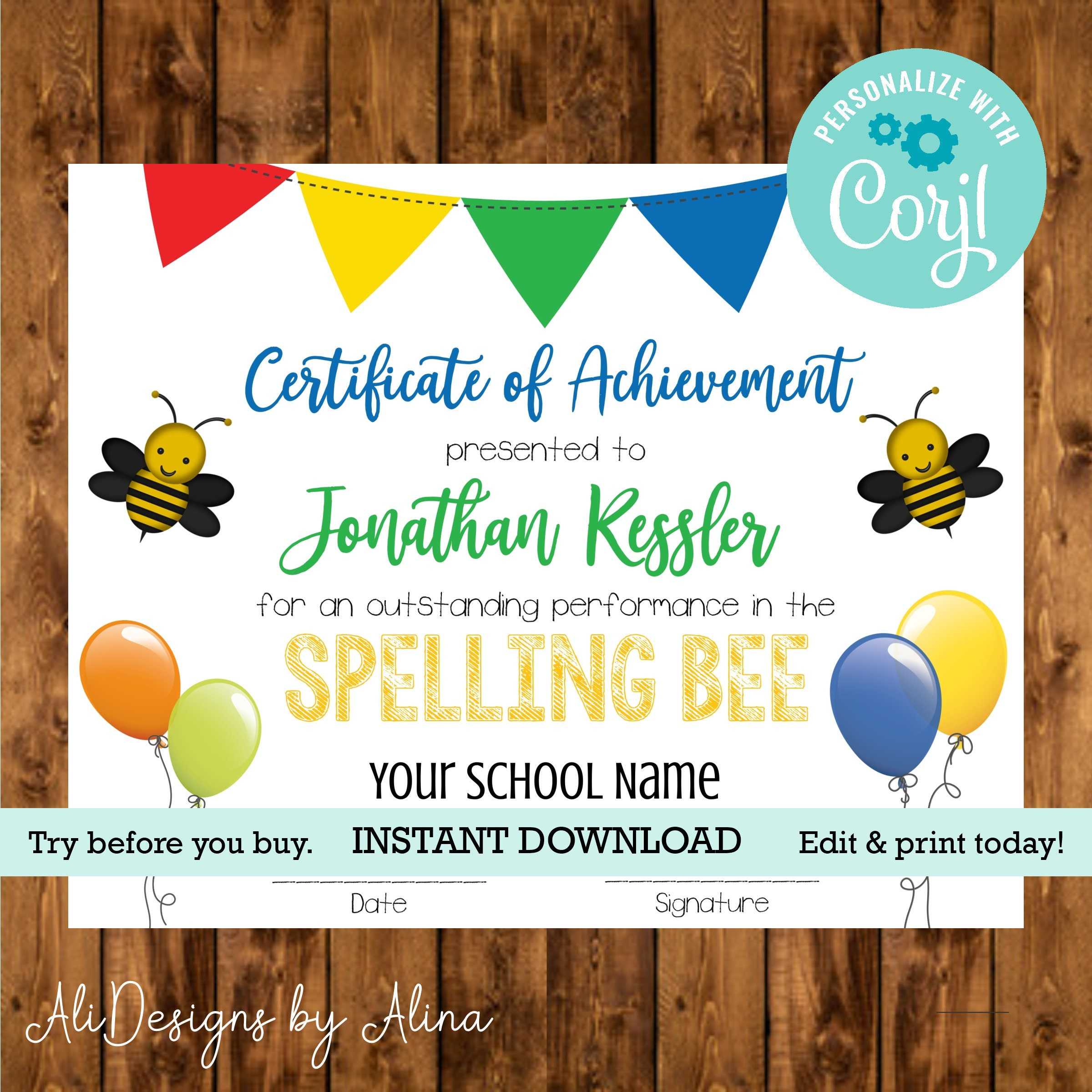 Spelling Bee Diploma EDITABLE Template INSTANT Download - Etsy Intended For Spelling Bee Award Certificate Template