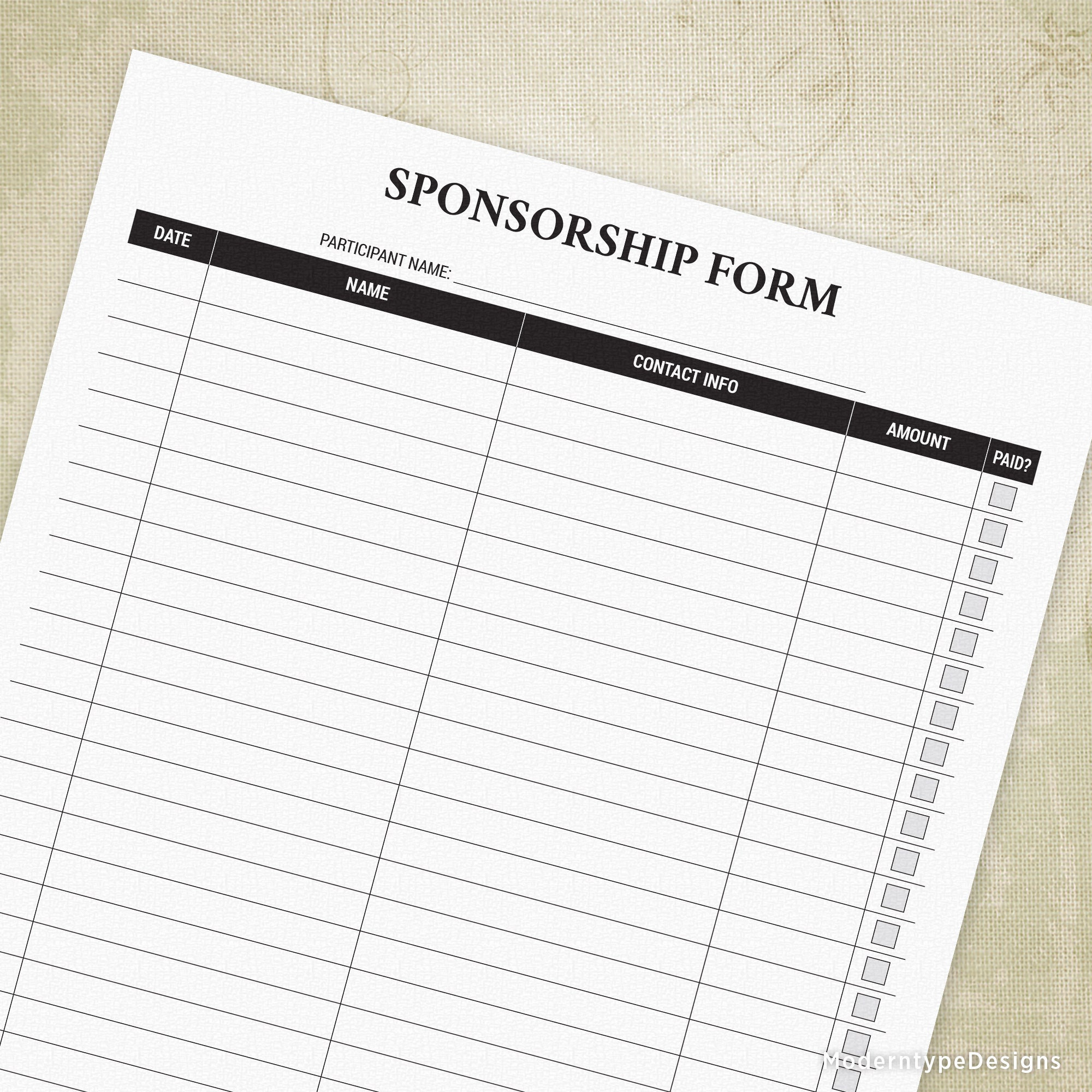 Sponsorship Sign Up Printable Form, Event for Sponsors, Fundraiser  Donations List, Instant Download, spf10 Throughout Blank Sponsorship Form Template