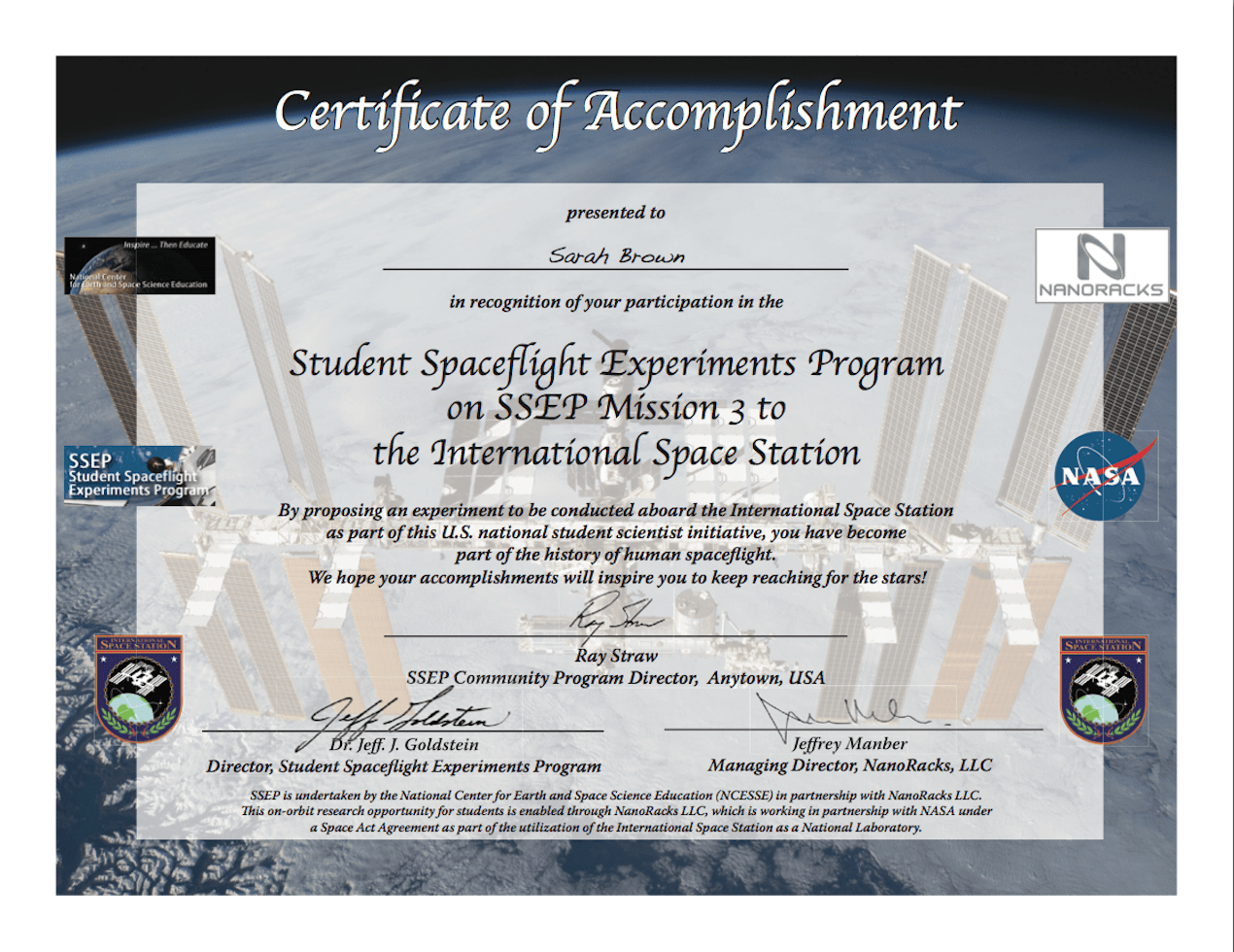 SSEP Mission 10 To ISS Student Certificates Of Accomplishment  In International Conference Certificate Templates