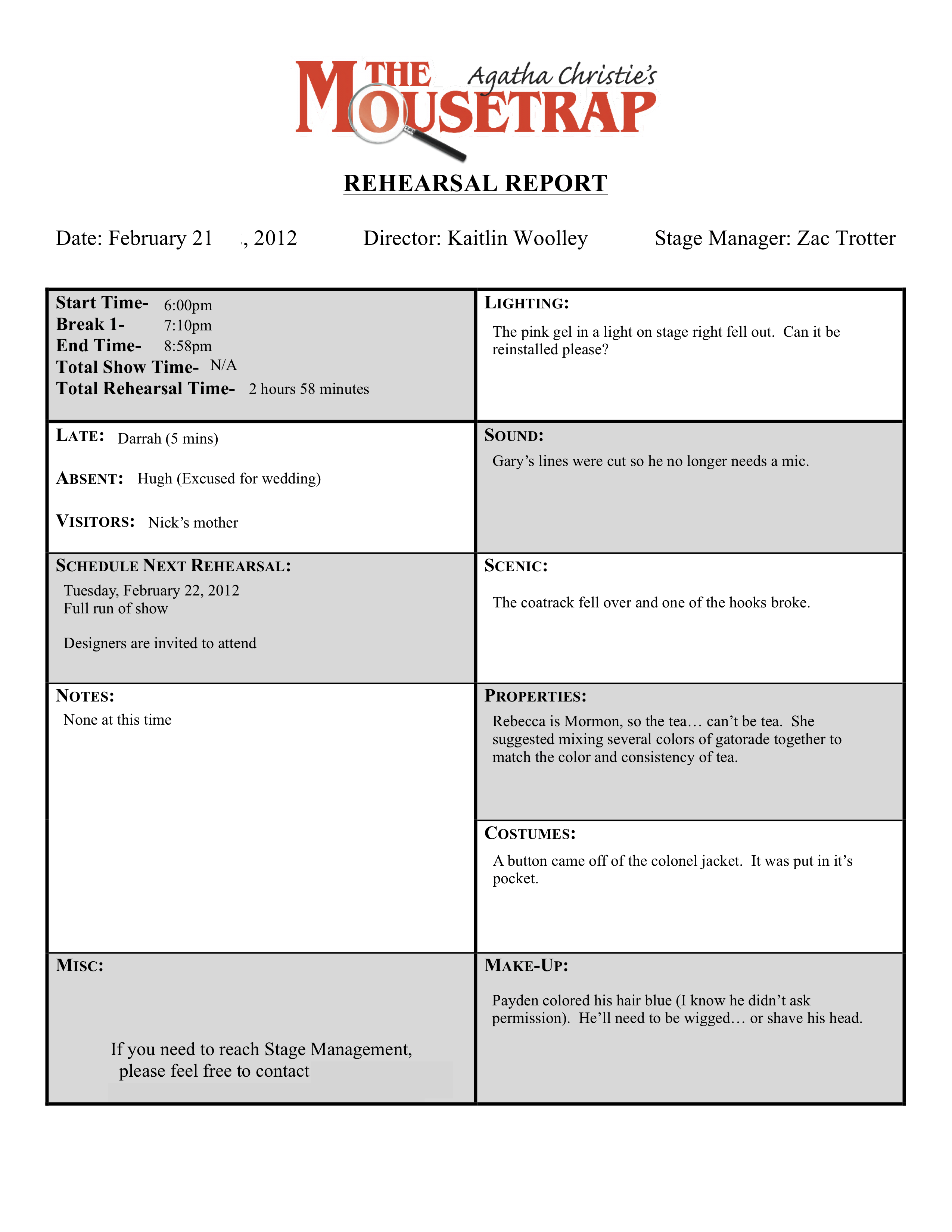 Stage Management - Lesson 10 Rehearsal Report Activity With Rehearsal Report Template