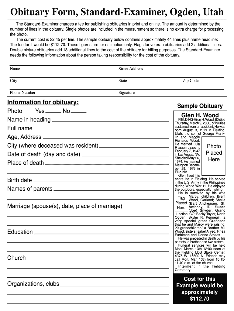 Standard Examiner Obituaries - Fill Online, Printable, Fillable  With Fill In The Blank Obituary Template