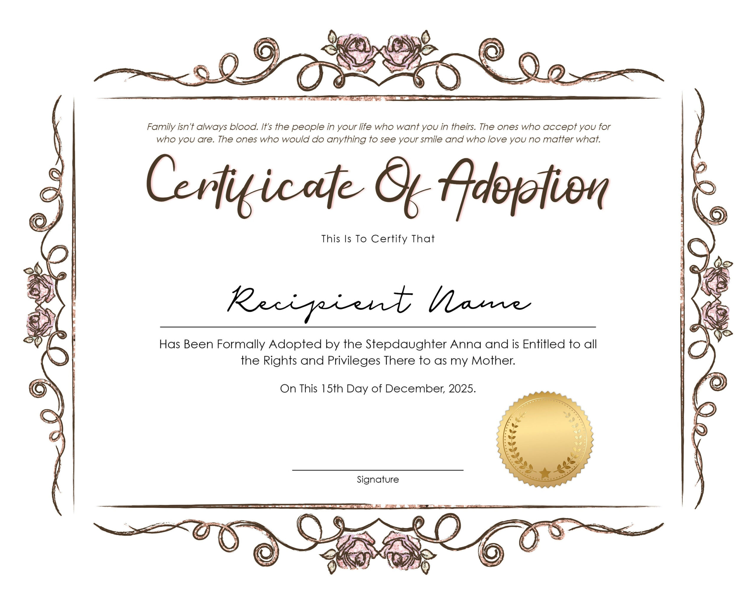 Stepmother Adoption Certificate Template Editable Printable – Etsy