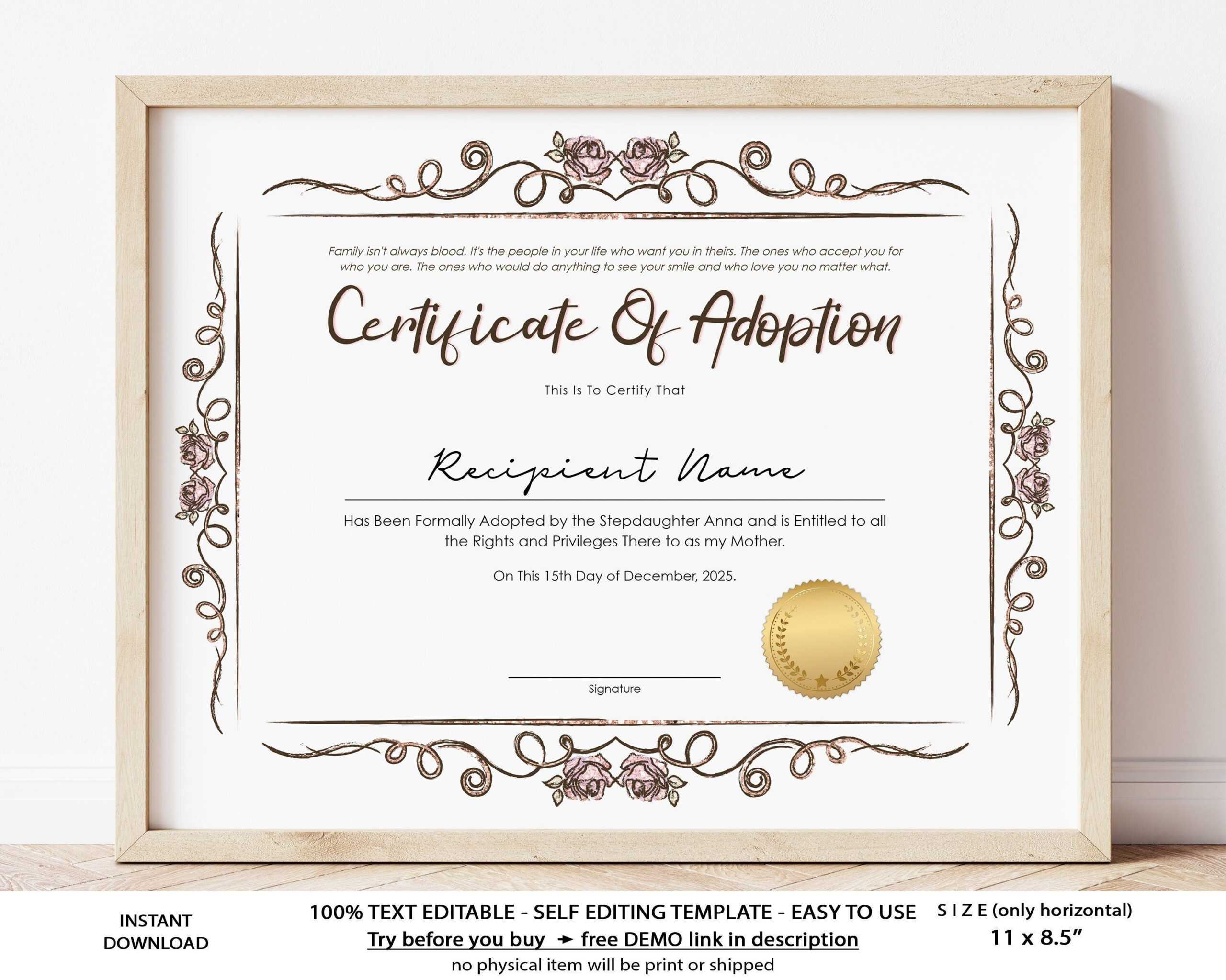 Stepmother Adoption Certificate Template Editable Printable – Etsy