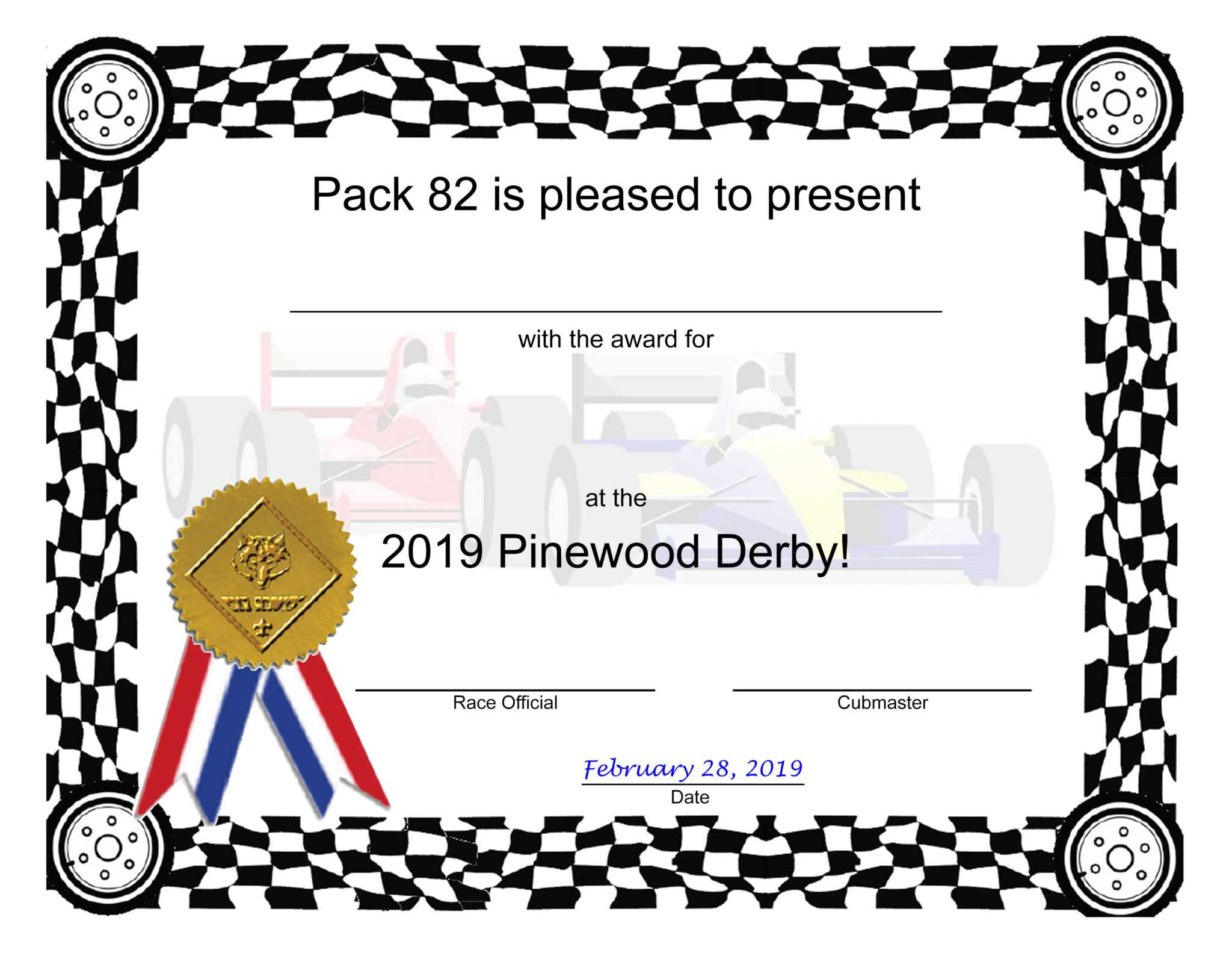 Pinewood Derby Certificate Template