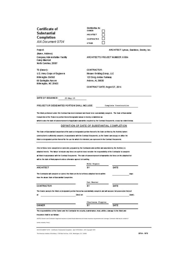 Substantial Completion Document  PDF  Architect  General Contractor Within Certificate Of Substantial Completion Template