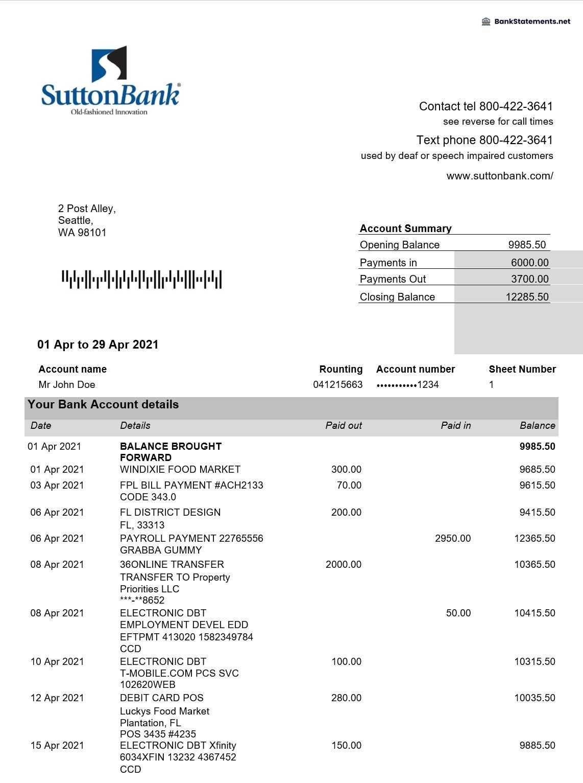 Sutton Bank Statement Template (10% Free) - BankStatements