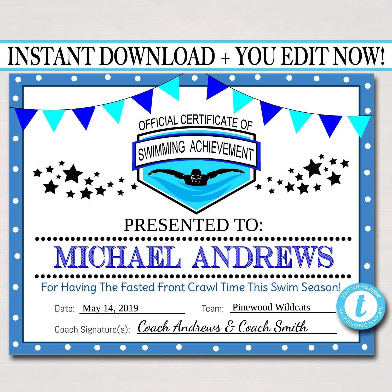 Swim Team Award Certificates, , Swimming Awards, Swimmer Party Printable,  Printable Award Sports Swim Certificates Within Swimming Award Certificate Template