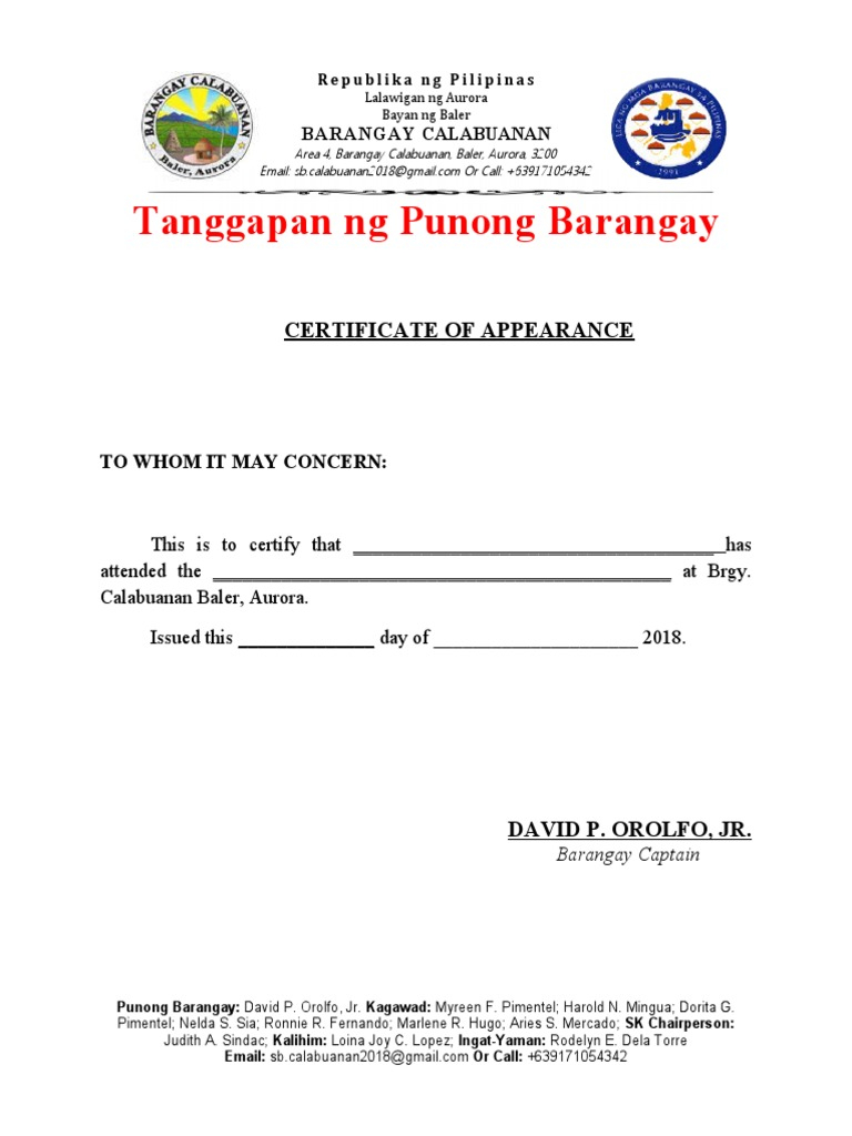 Tanggapan NG Punong Barangay: Certificate of Appearance  PDF With Regard To Certificate Of Appearance Template